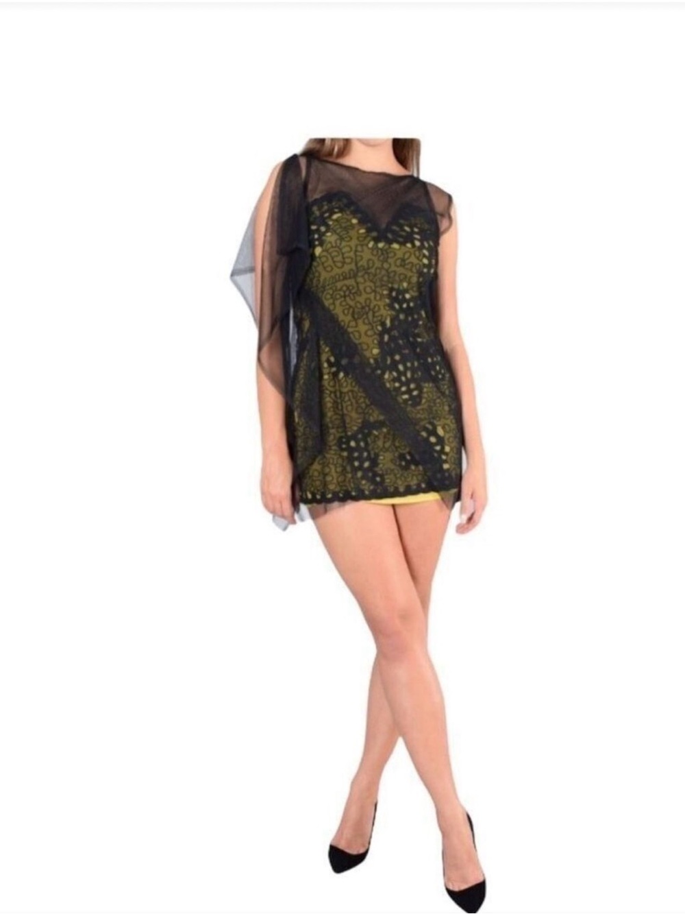 BCBGMaxAzria Black Sheer Overlay Mini Dress with Olive Lace